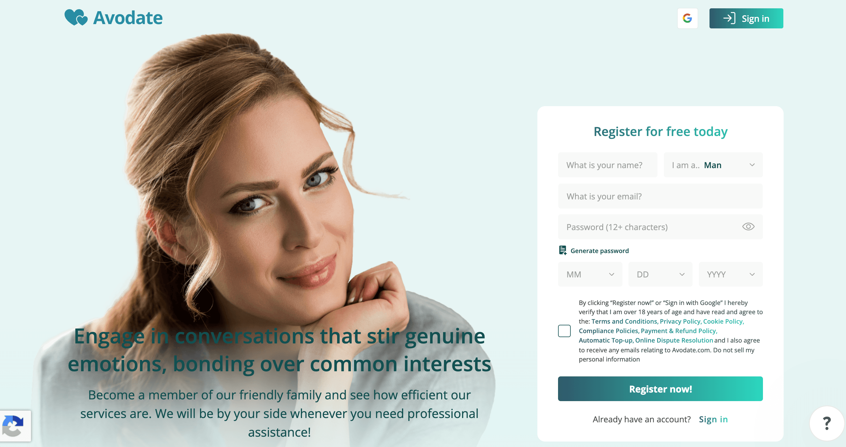 Avodate homepage