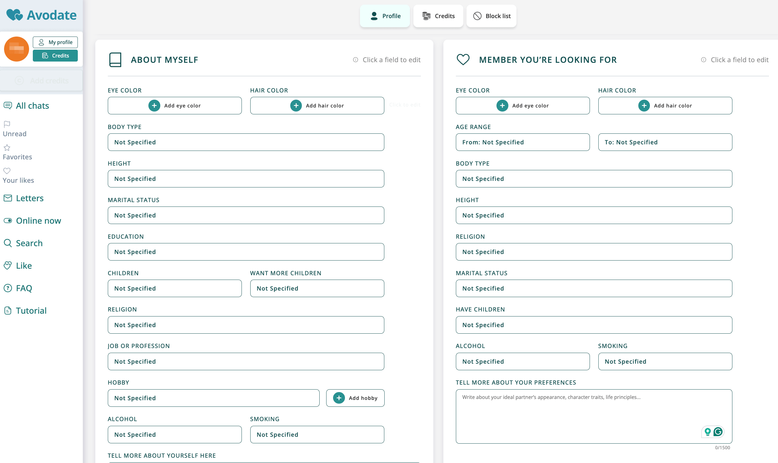 Avodate profile setup