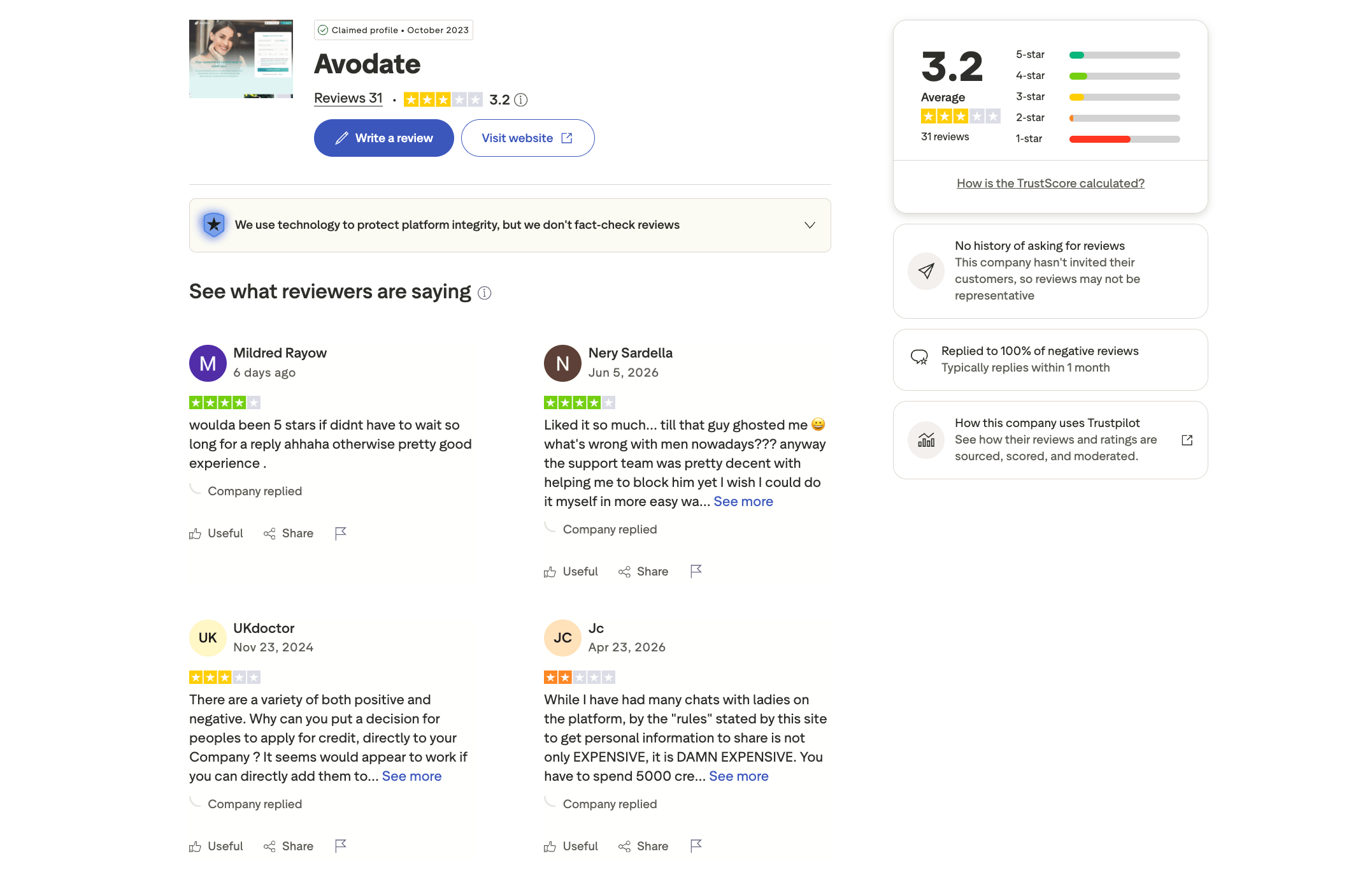 Avodate Trustpilot rating