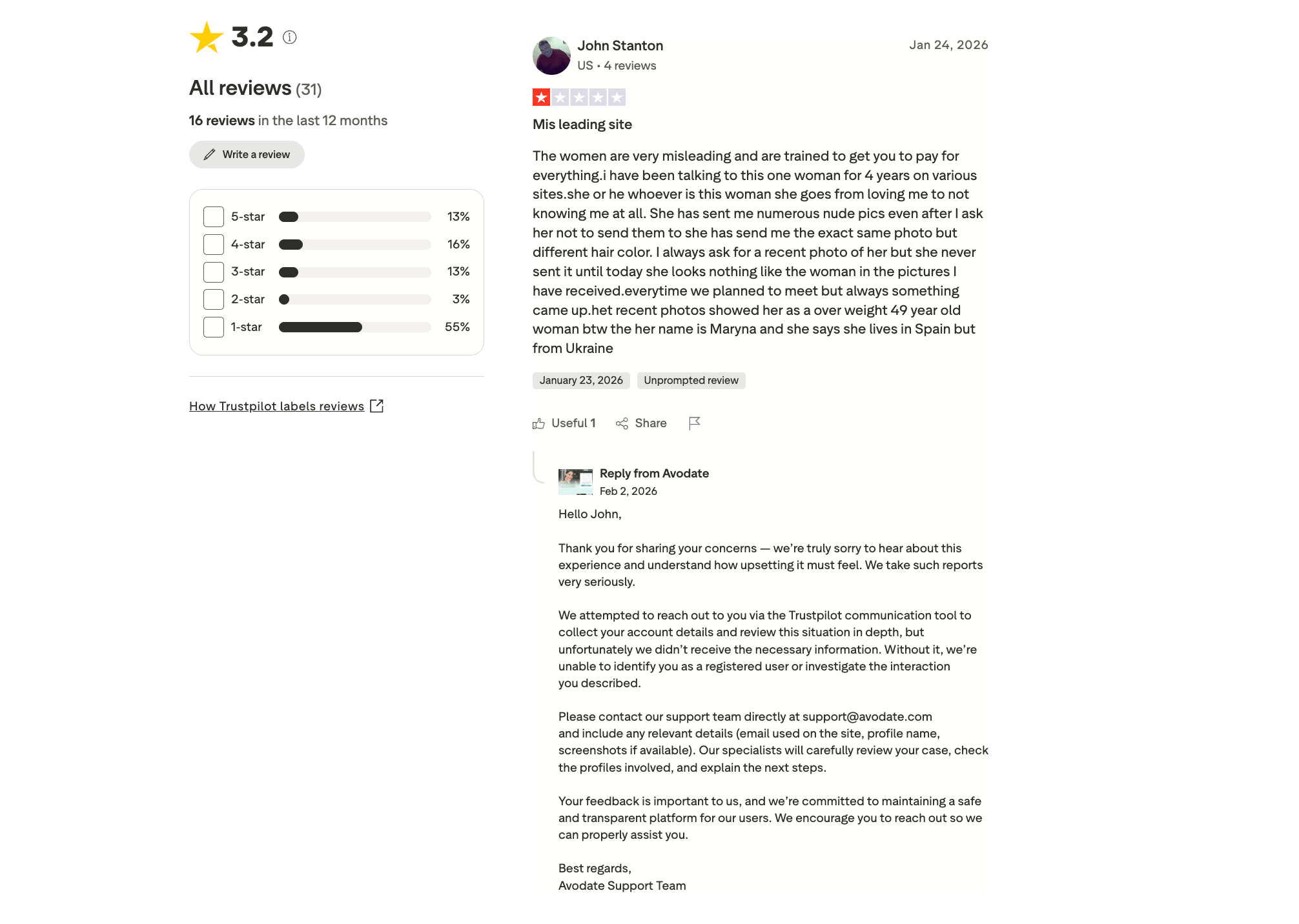 Avodate Trustpilot review