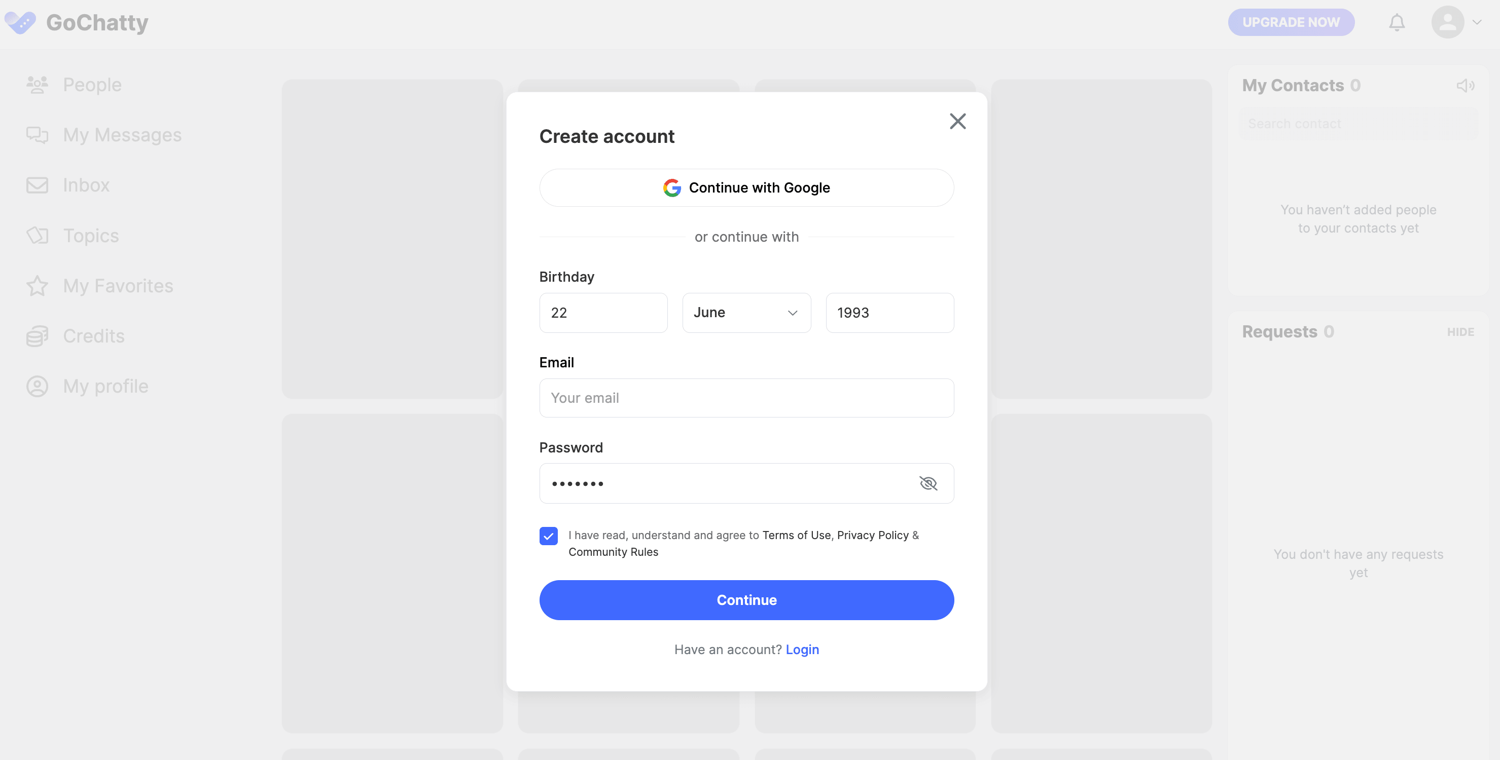 GoChatty sign-up form
