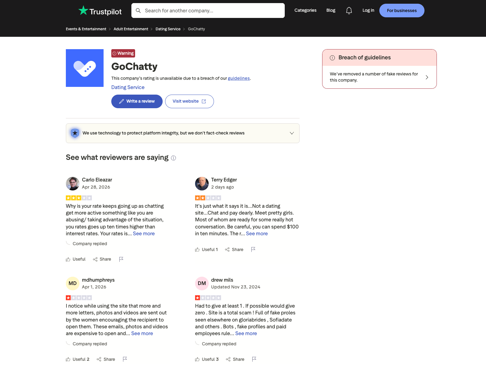 GoChatty Trustpilot profile June 2026