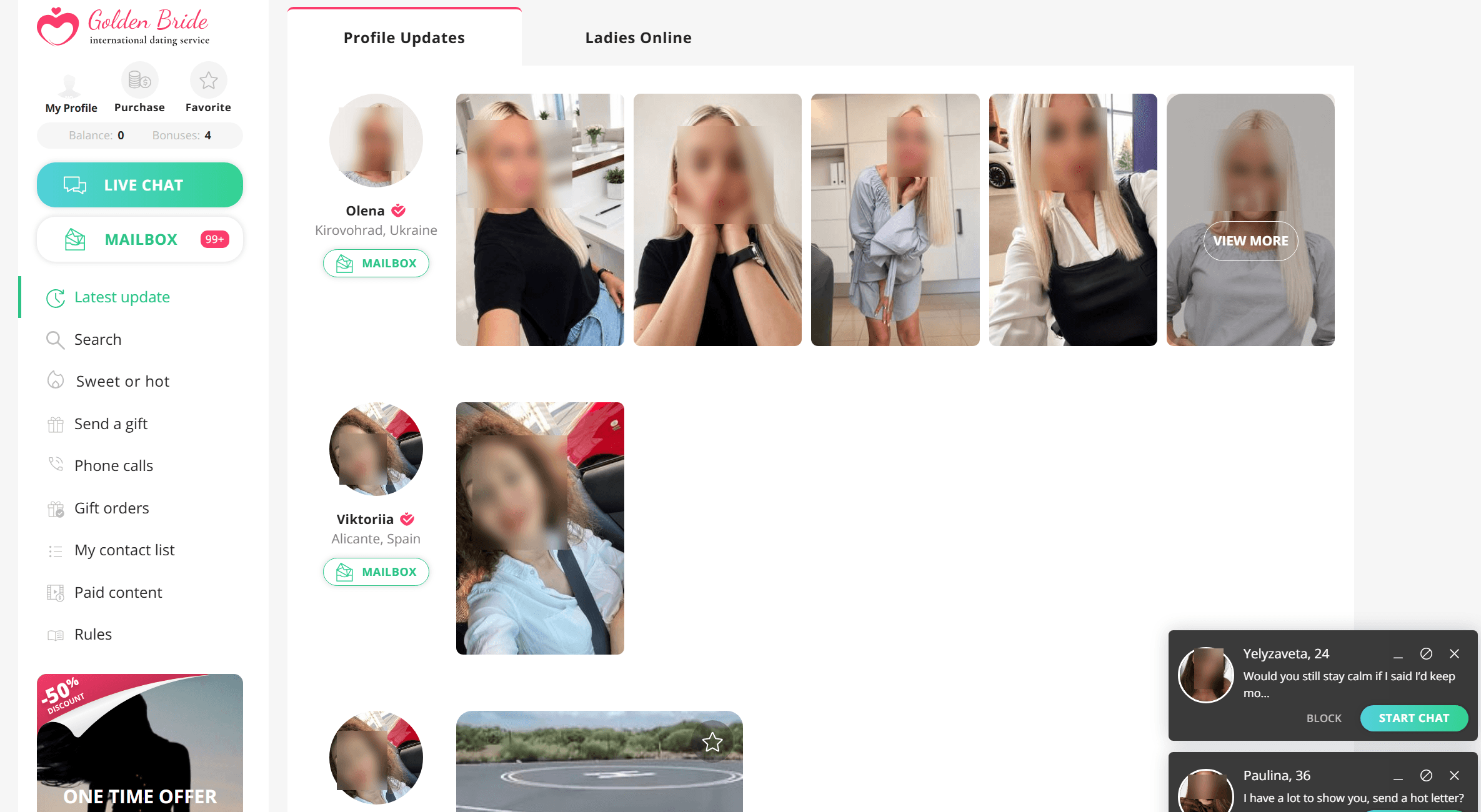 GoldenBride Latest update feed after signing in