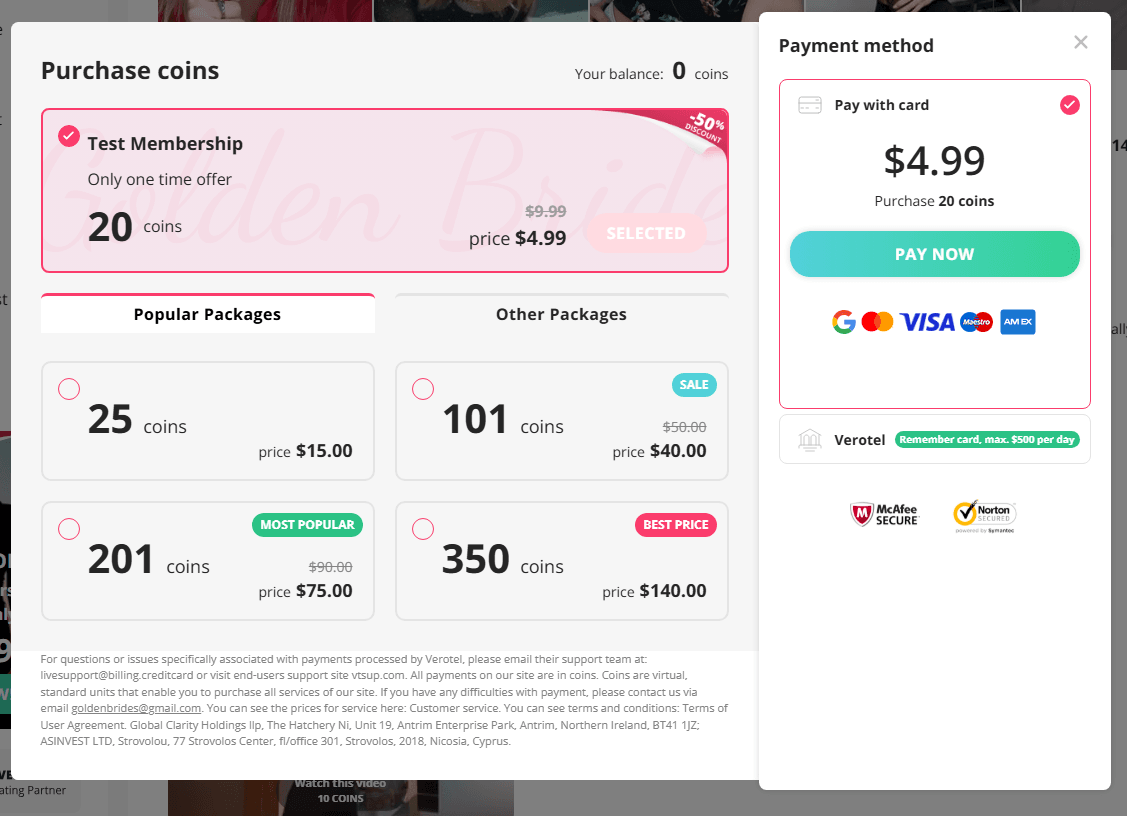 GoldenBride coin bundles, popular packages