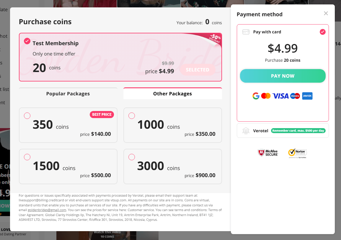GoldenBride coin bundles, other packages
