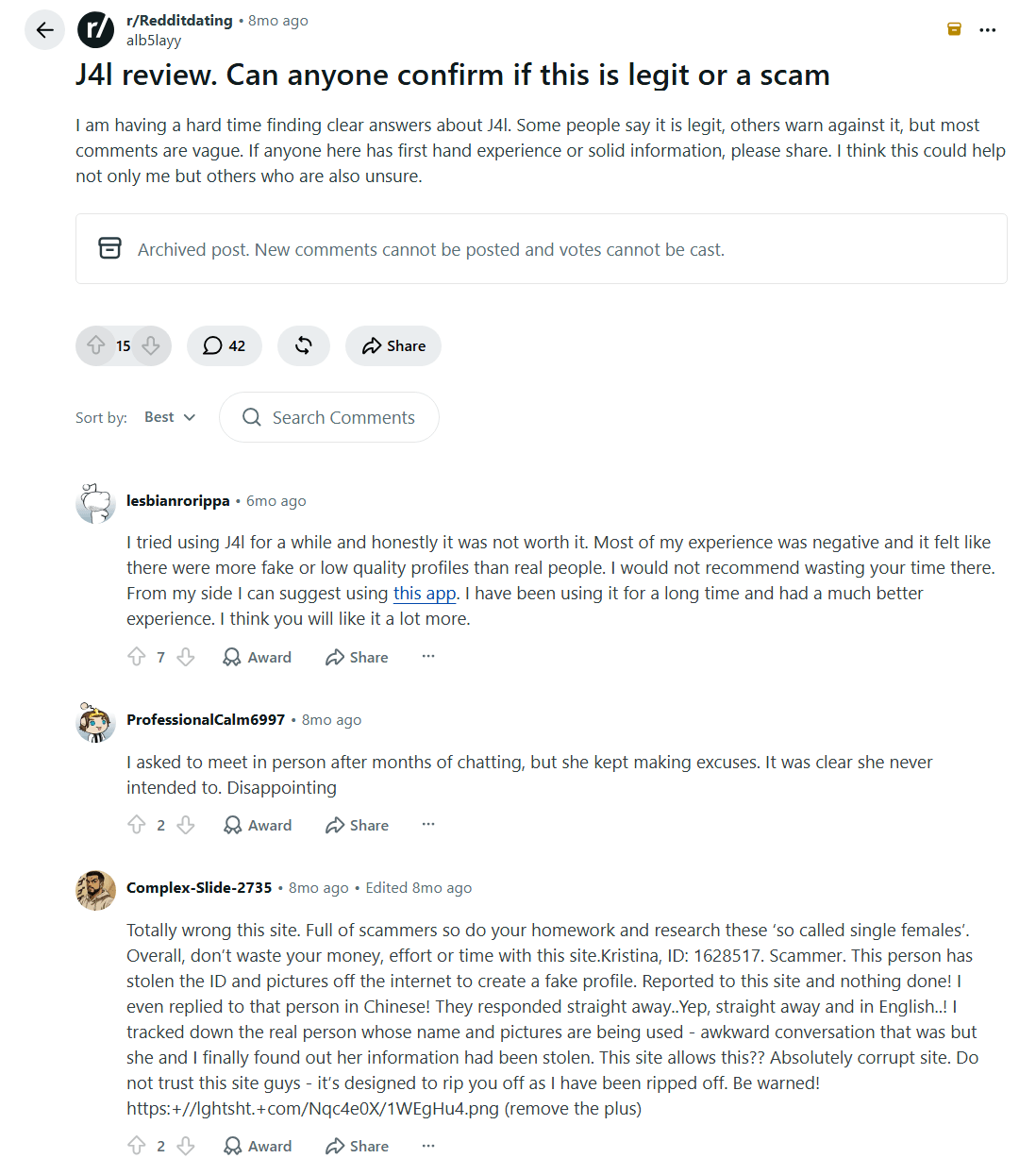 J4L discussion on Reddit