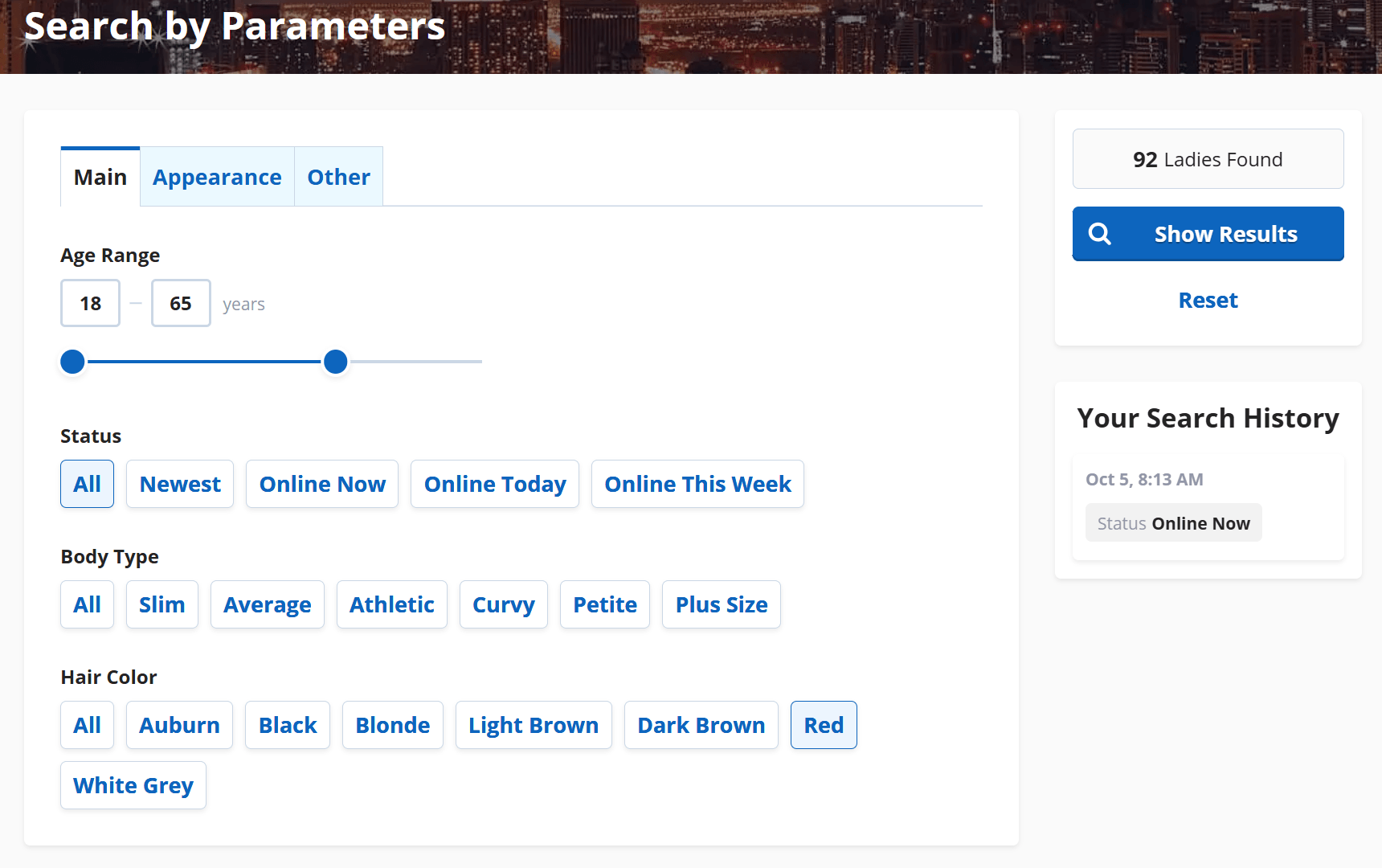 J4L search parameters with a counter of matching profiles