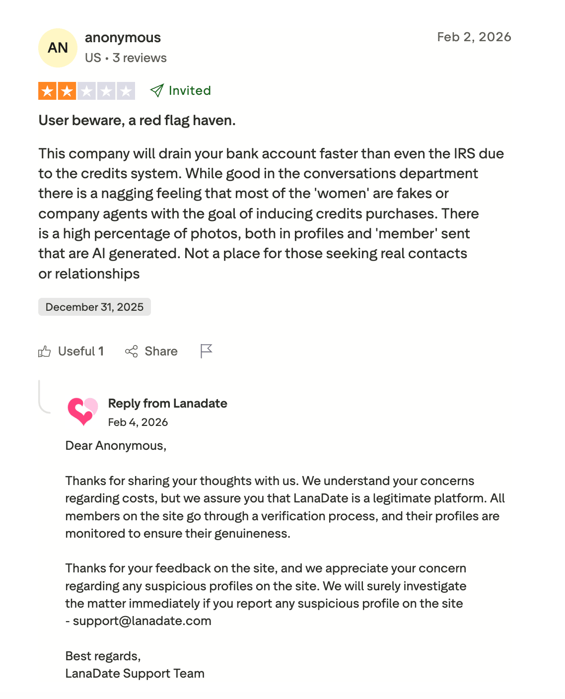 LanaDate Trustpilot review 1