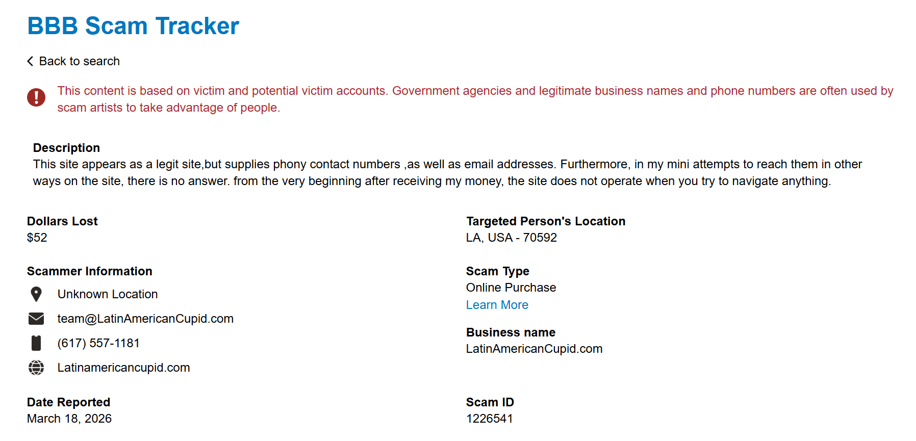 LatinAmericanCupid BBB scam claim