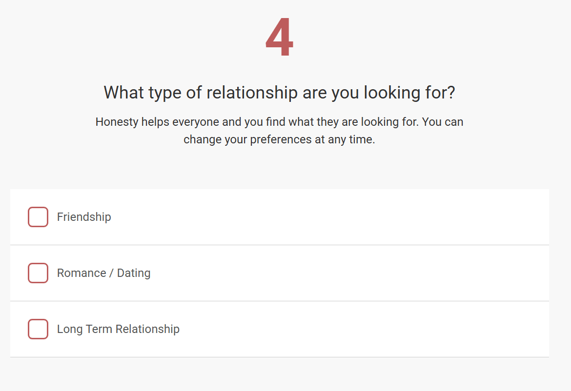 LatinAmericanCupid signup step asking what type of relationship you are looking for