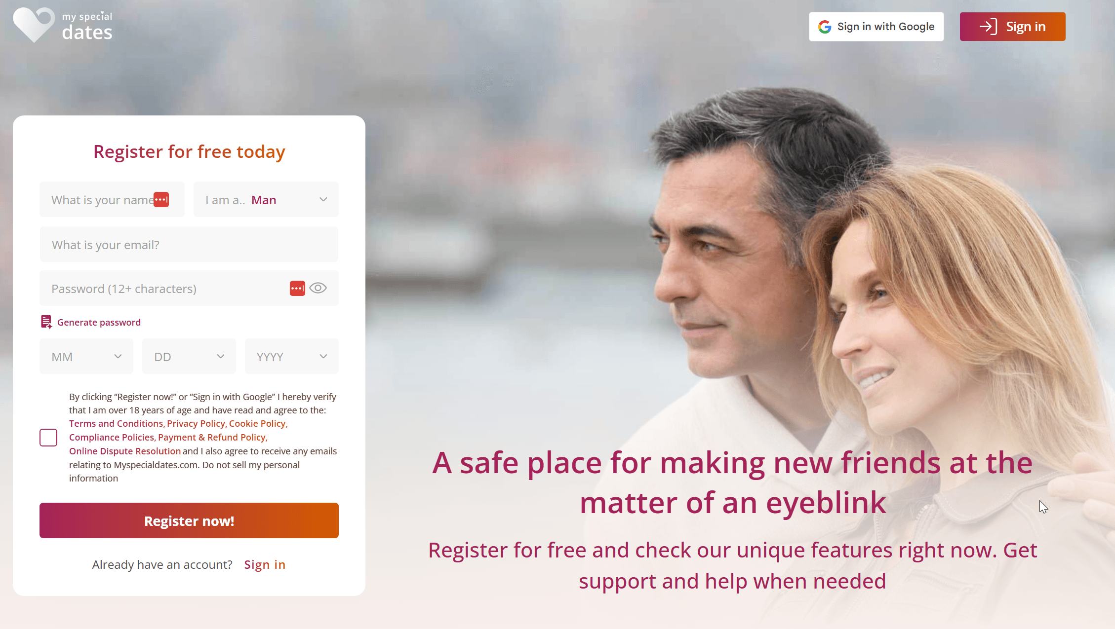 MySpecialDates main page