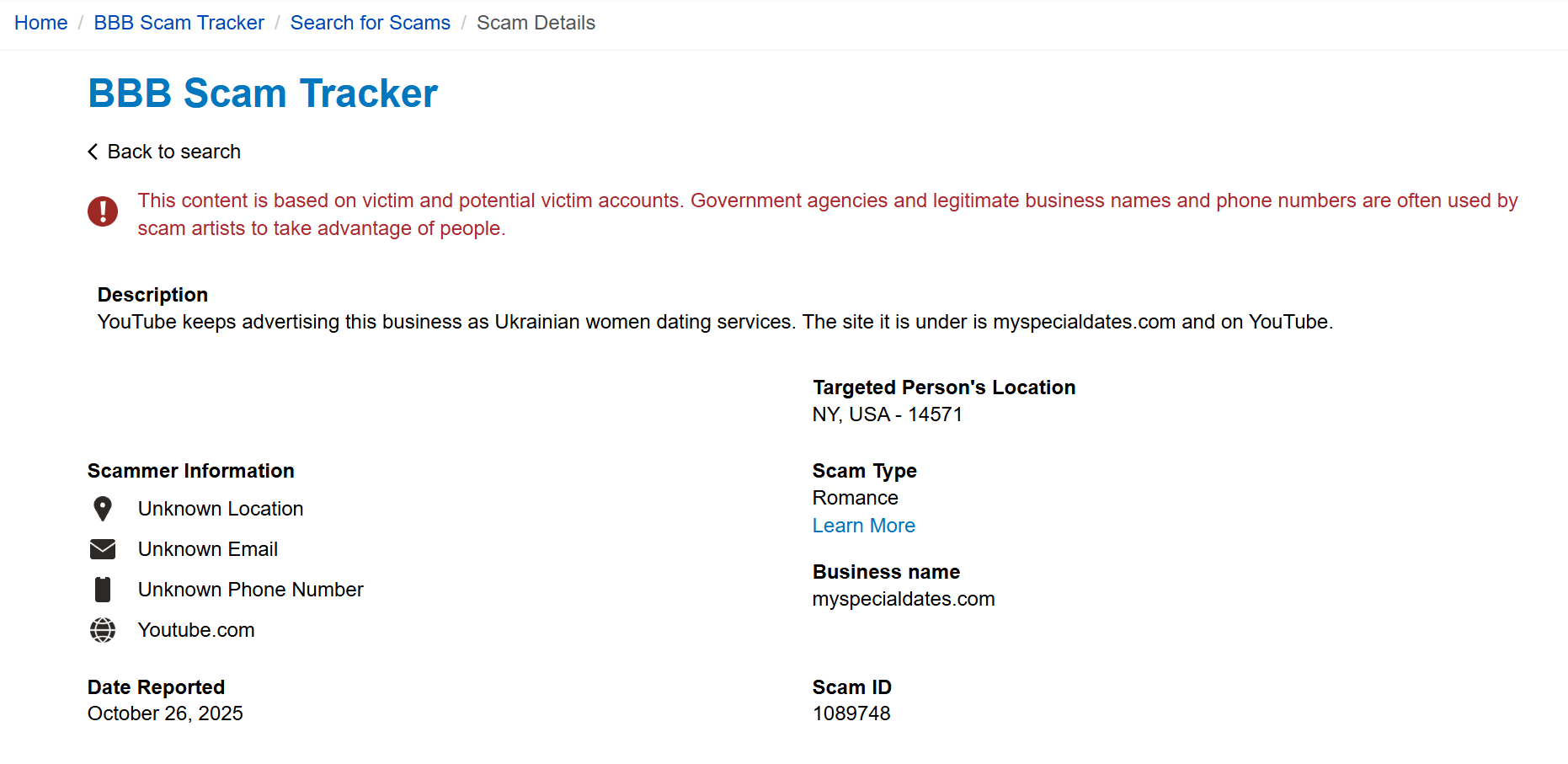 MySpecialDates BBB scam report