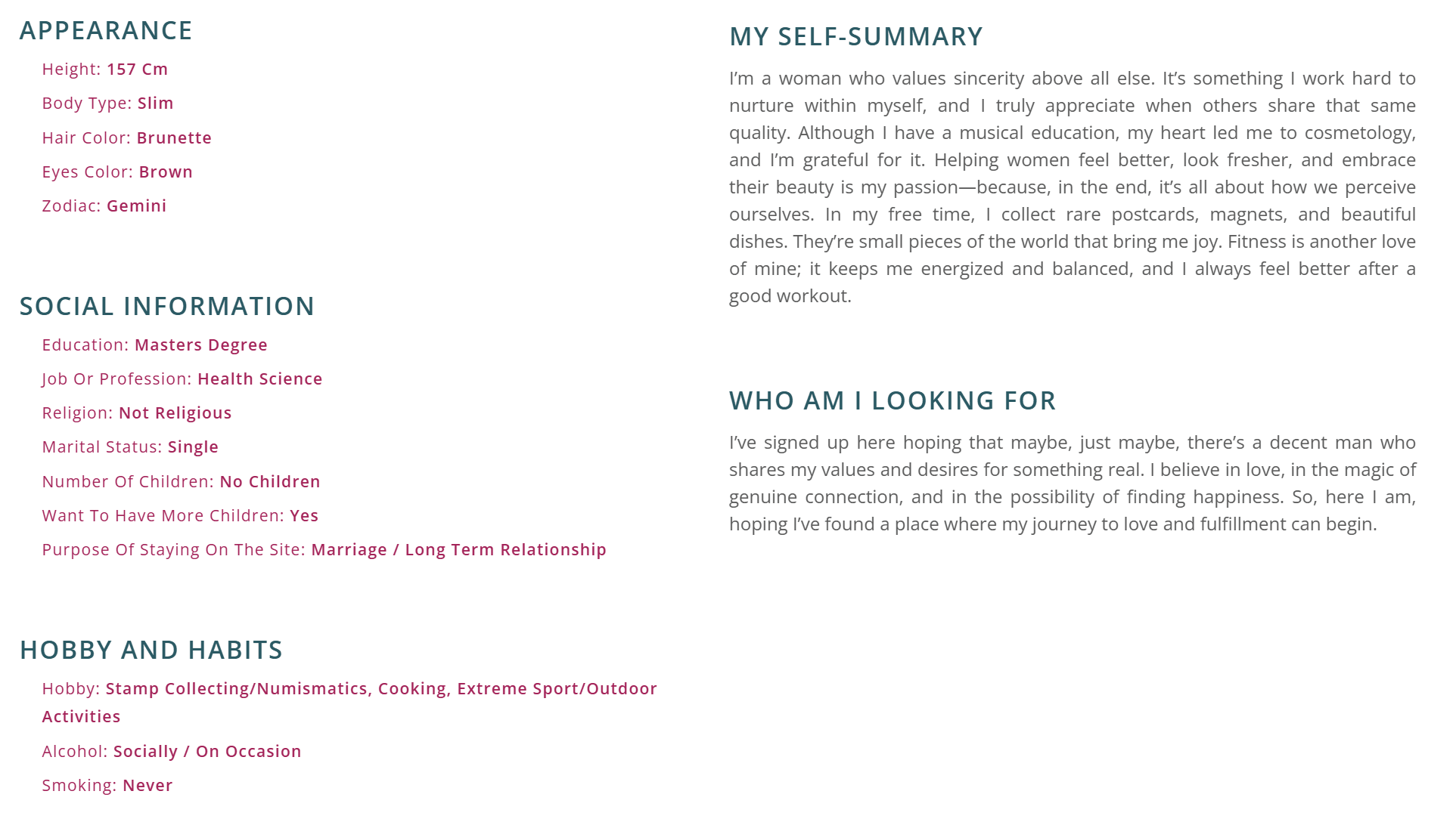 MySpecialDates profile details with appearance, social information, and bio sections