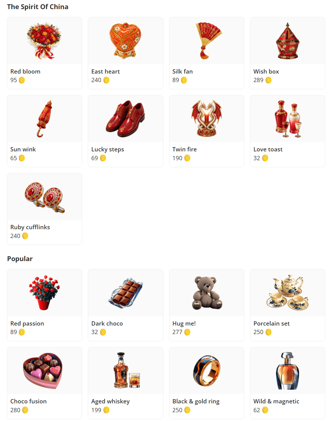 OrchidRomance virtual gifts and their prices