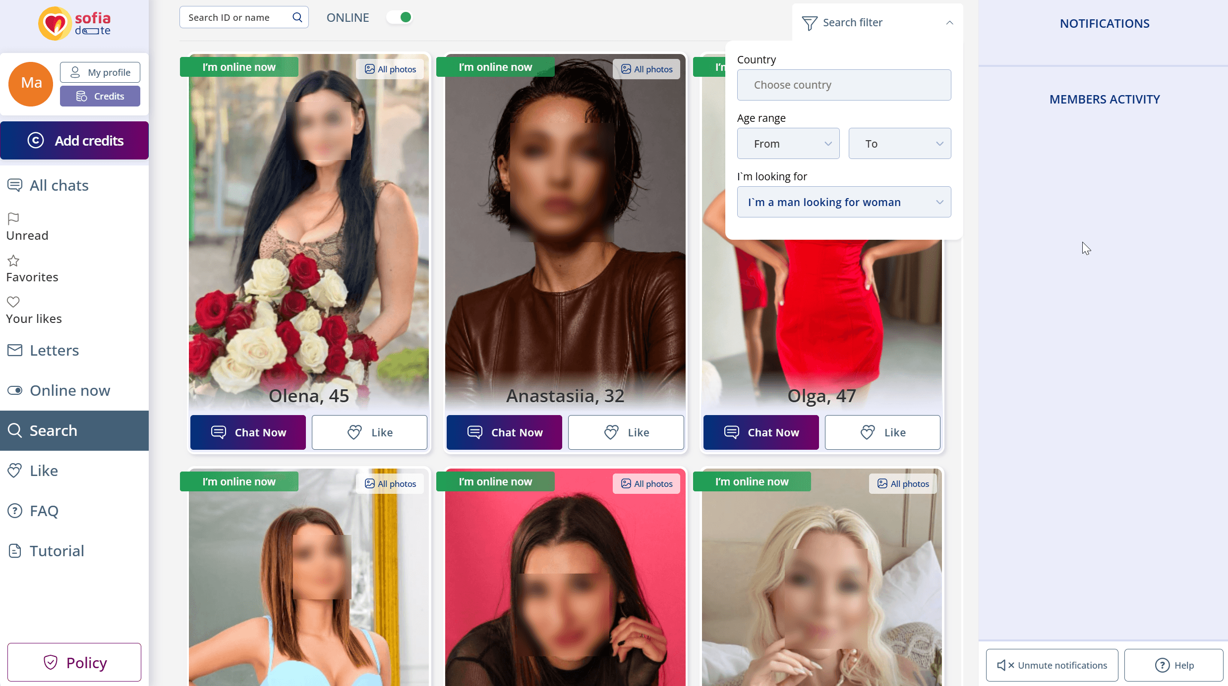 SofiaDate search filters